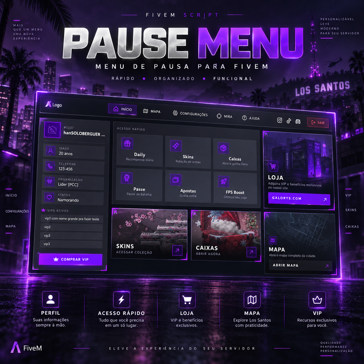 1 mês / TBS Pause Menu — Menu de Pausa Customizado com Rankings, Loja e Acesso Rápido